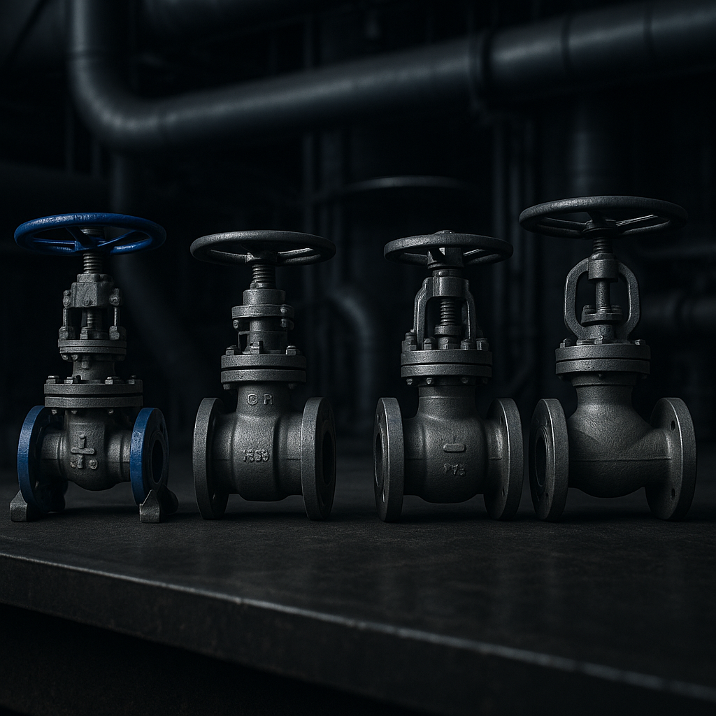 Quatro válvulas industriais de ferro fundido em ambiente escuro