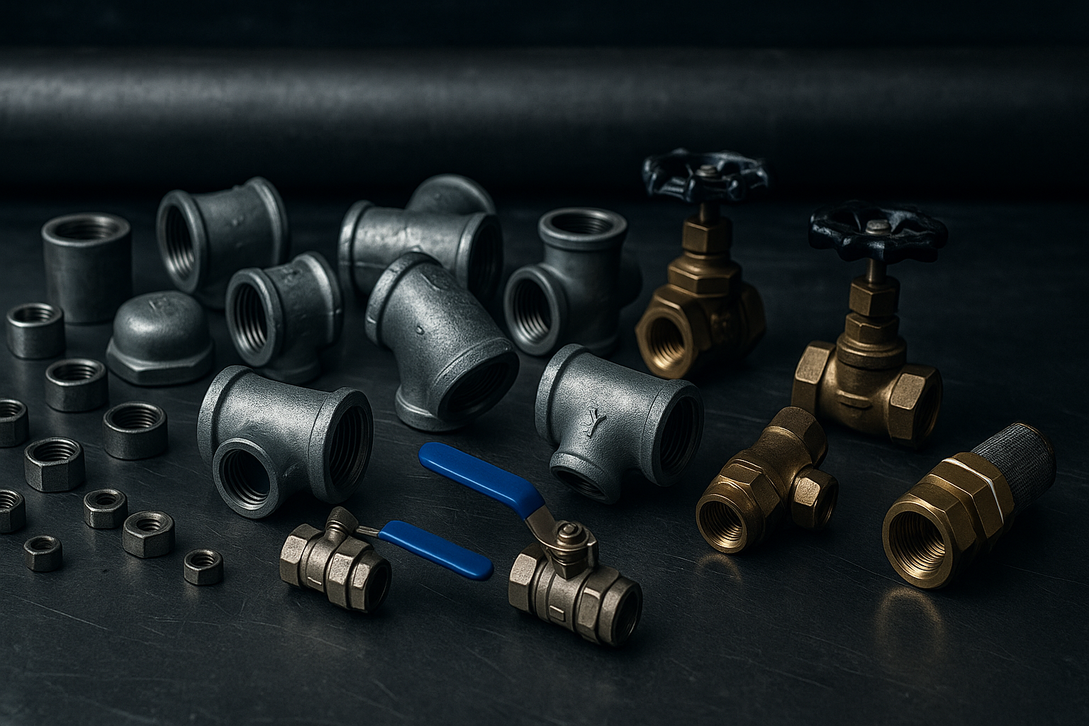 Variedade de conexões e válvulas industriais